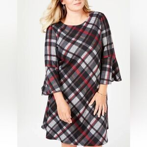 Jessica Howard Black, Gray & Red Plaid Bell-Sleeve Shift Dress